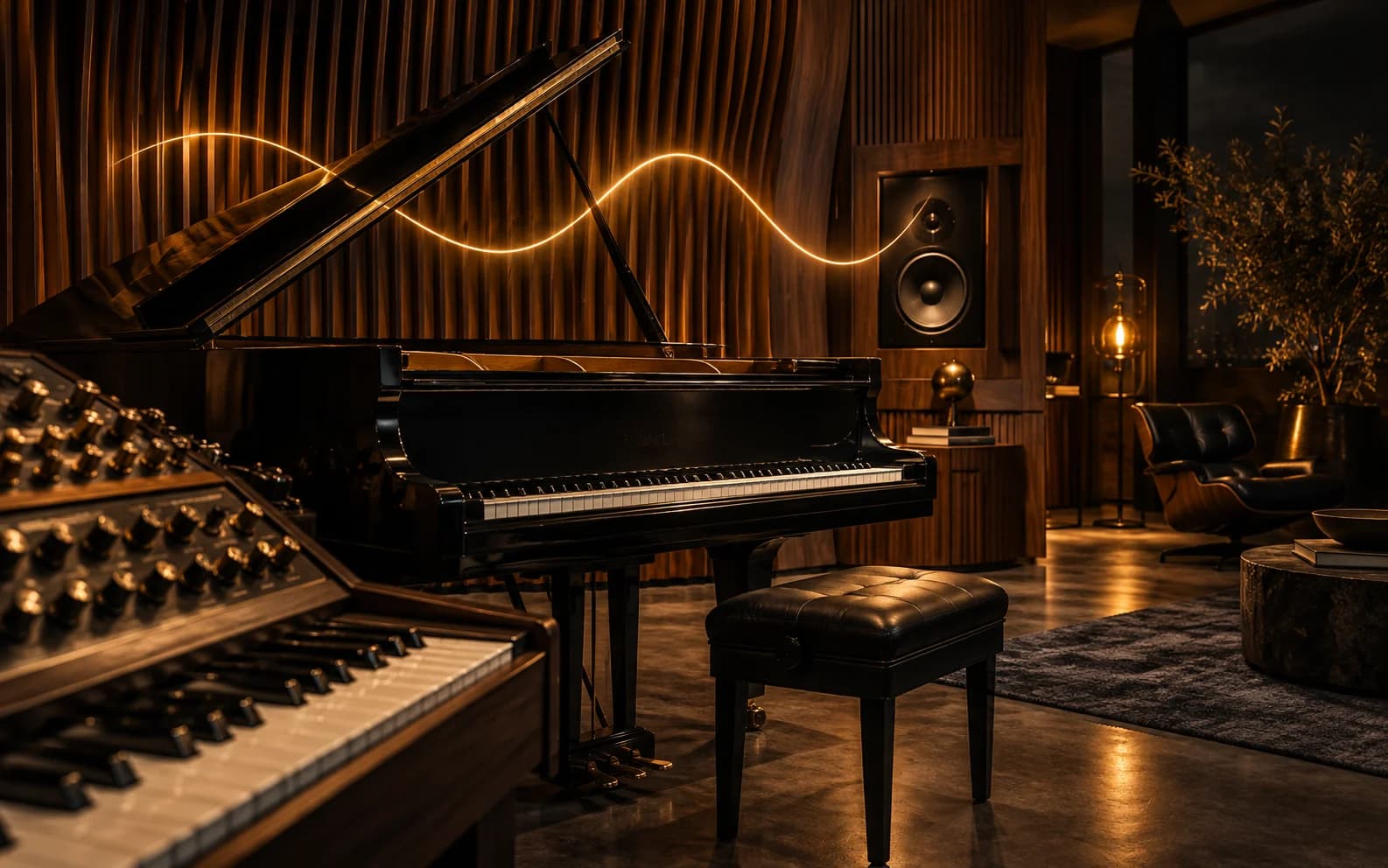 Conceptual music studio with a grand piano, analog synthesizer, and amber light wave