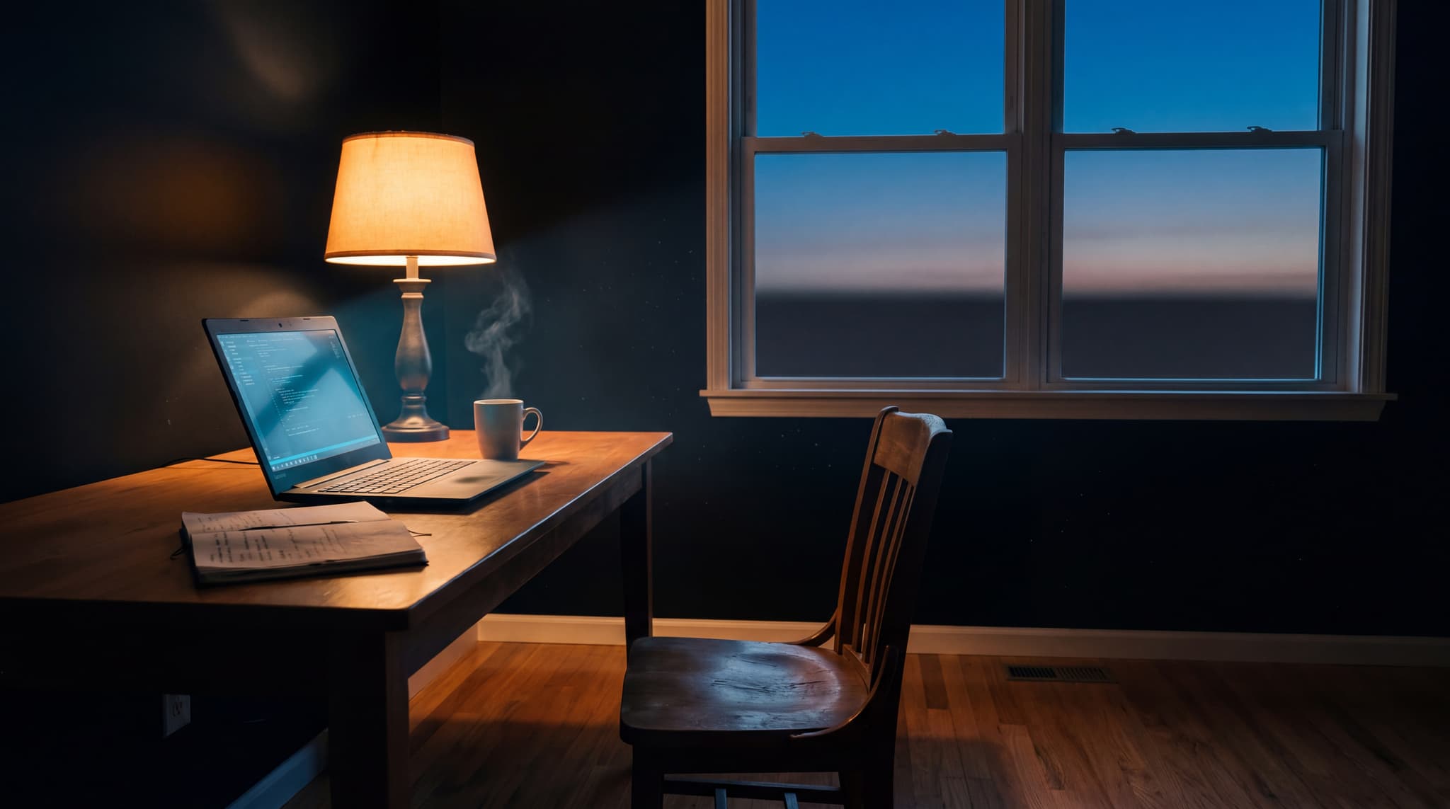A working studio at dawn — empty chair, open laptop, single warm desk lamp, the first cobalt light of pre-dawn through the window