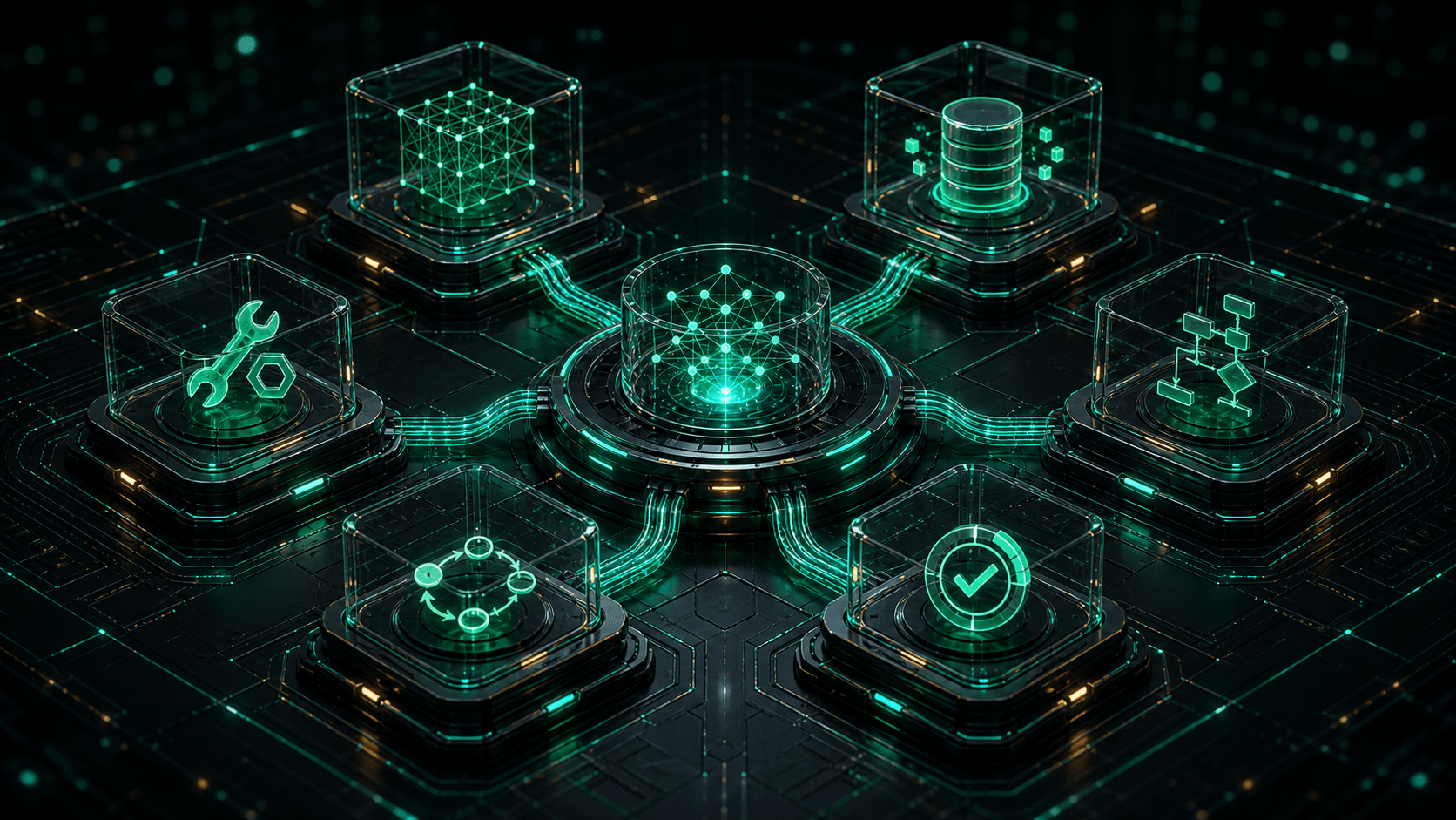 Six glowing glass modules connected to a central core — the six primitives of an AI agent: model, tool, memory, loop, spec, deploy