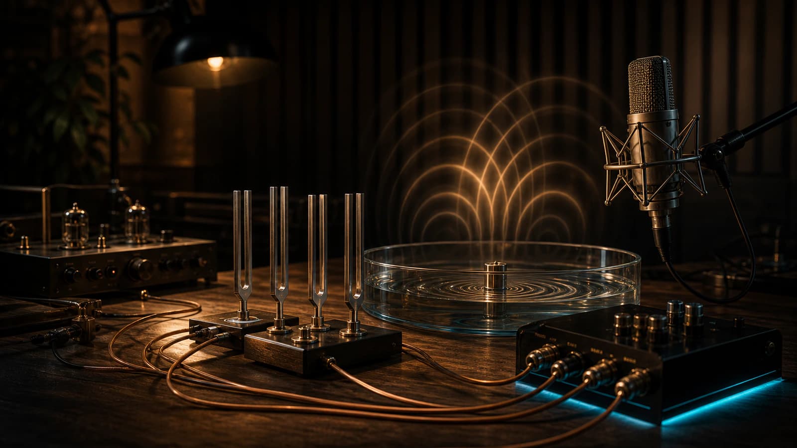 Premium acoustic studio visualizing human signal, resonance, and creative frequency