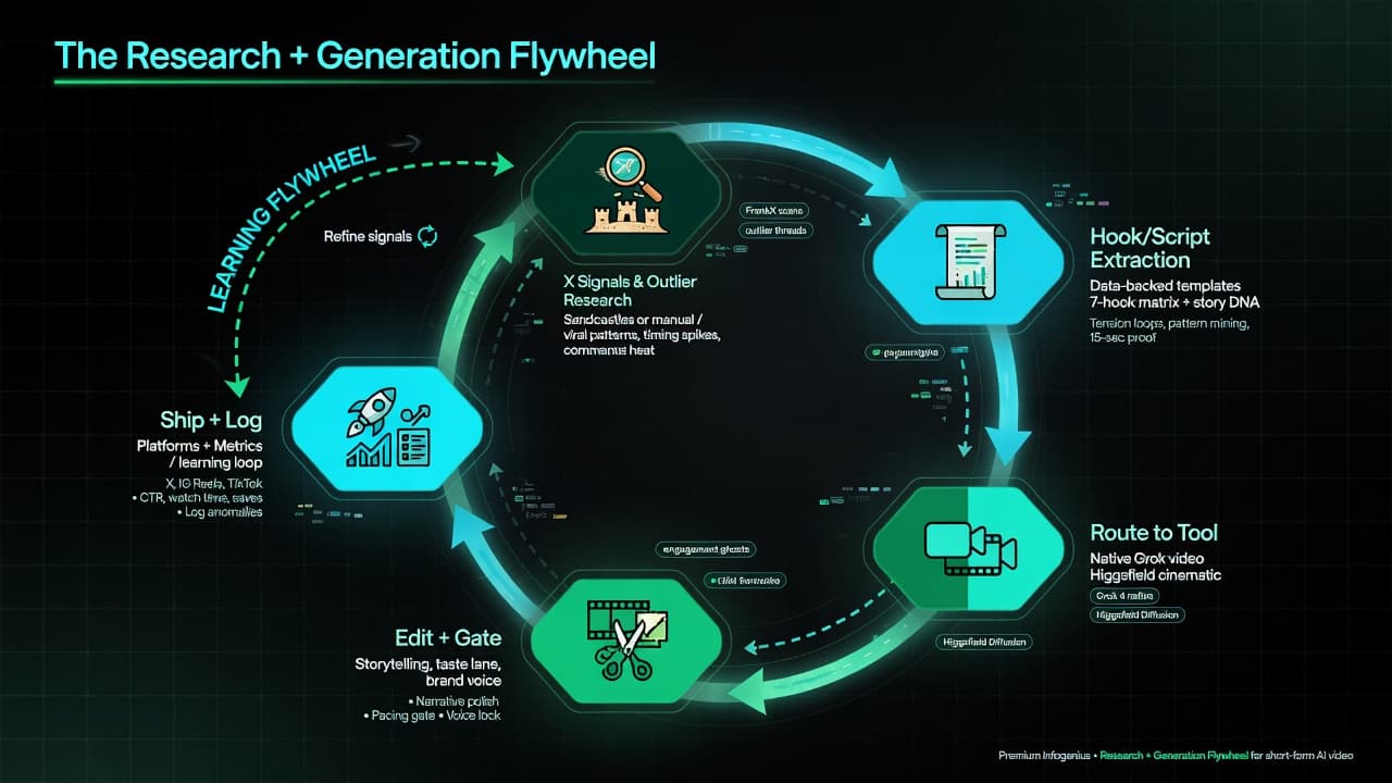 The Research + Generation Flywheel: Sandcastles-Style Analysis + Higgsfield/Grok Execution
