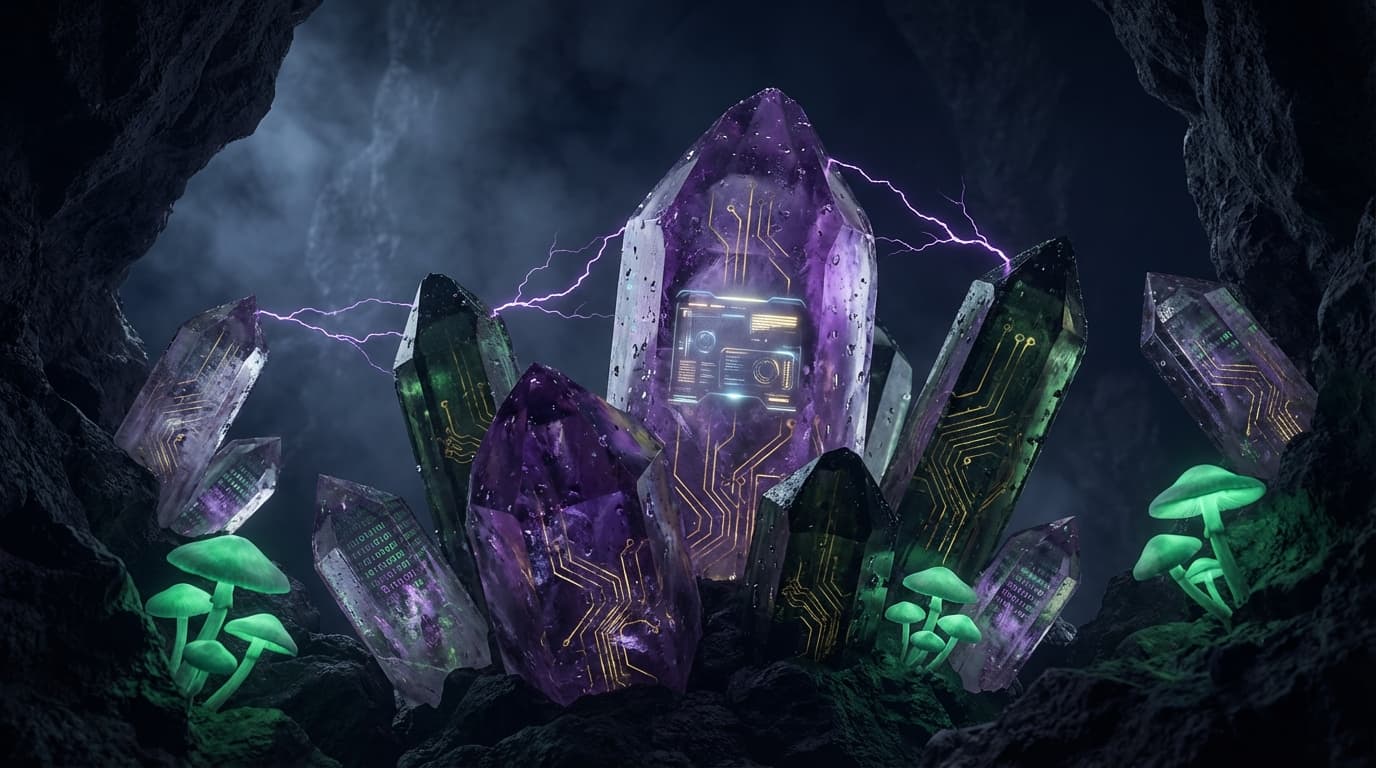 Amethyst and tourmaline crystals with gold circuit etchings growing from volcanic rock. The largest crystal contains a holographic dashboard. Bioluminescent mushrooms glow between formations. Structure emerging from pressure and time.