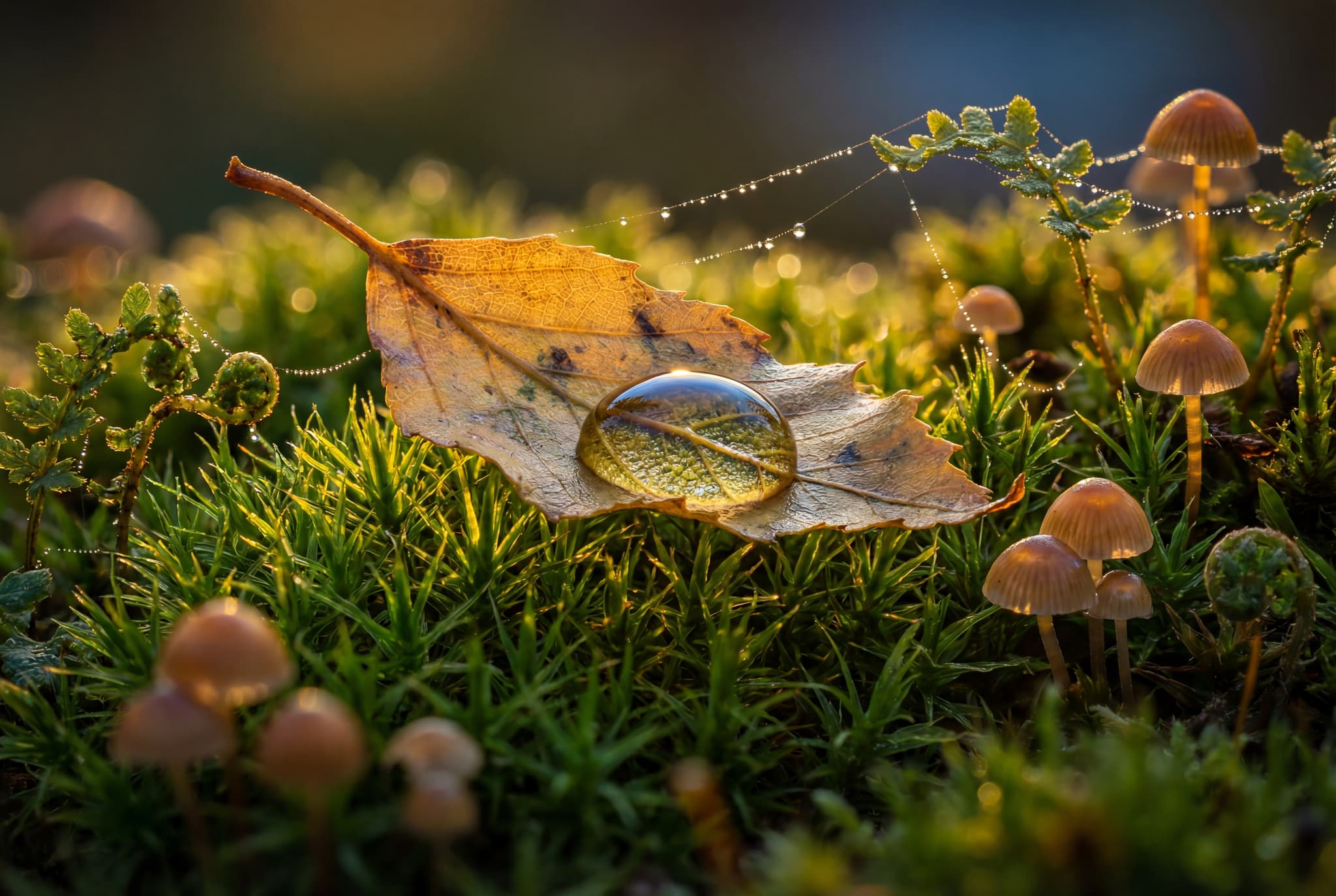 A golden leaf on emerald moss with a dewdrop reflecting the dawn sky