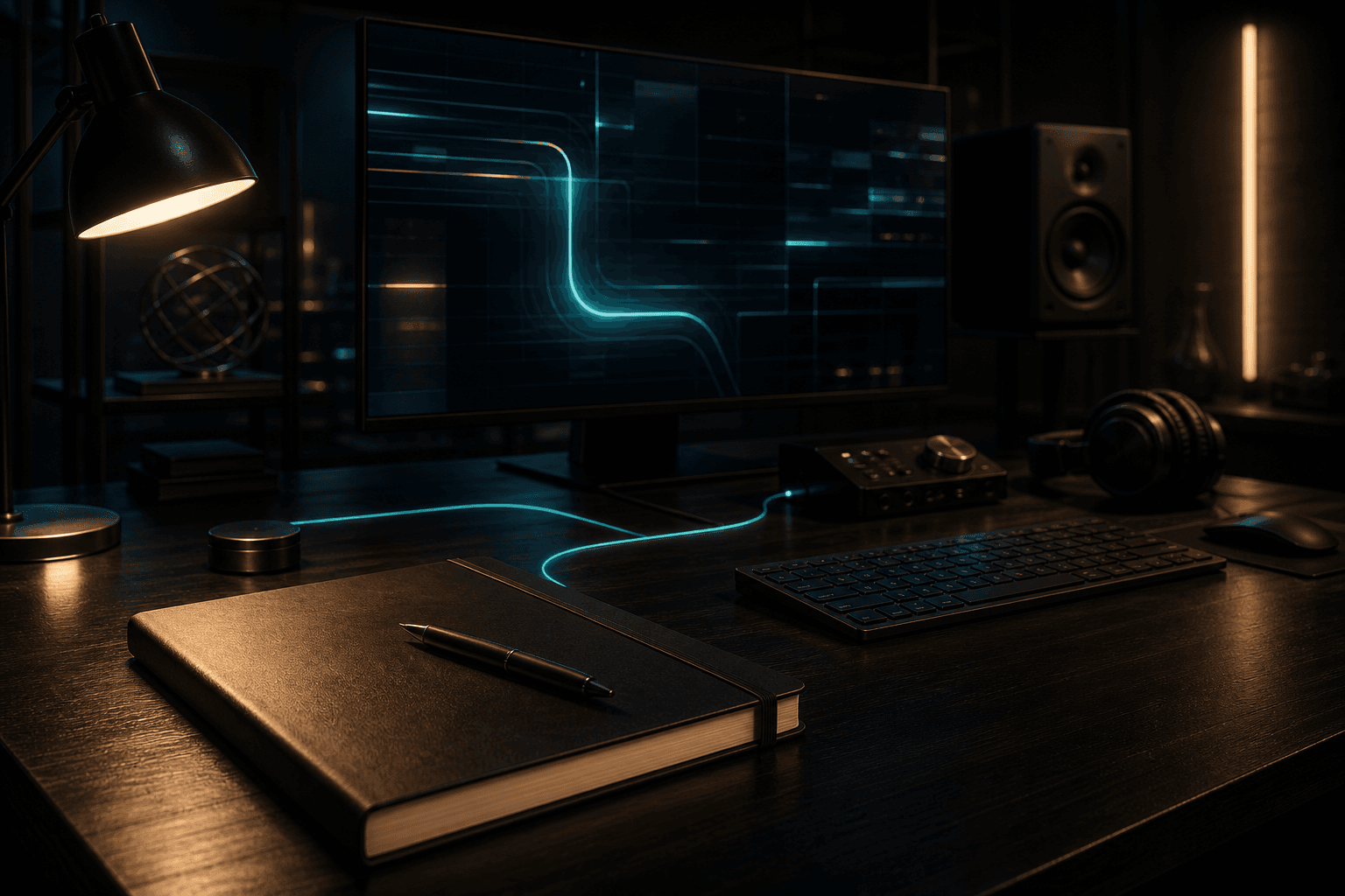 A quiet dark studio desk with a notebook, screen glow, and signal line.