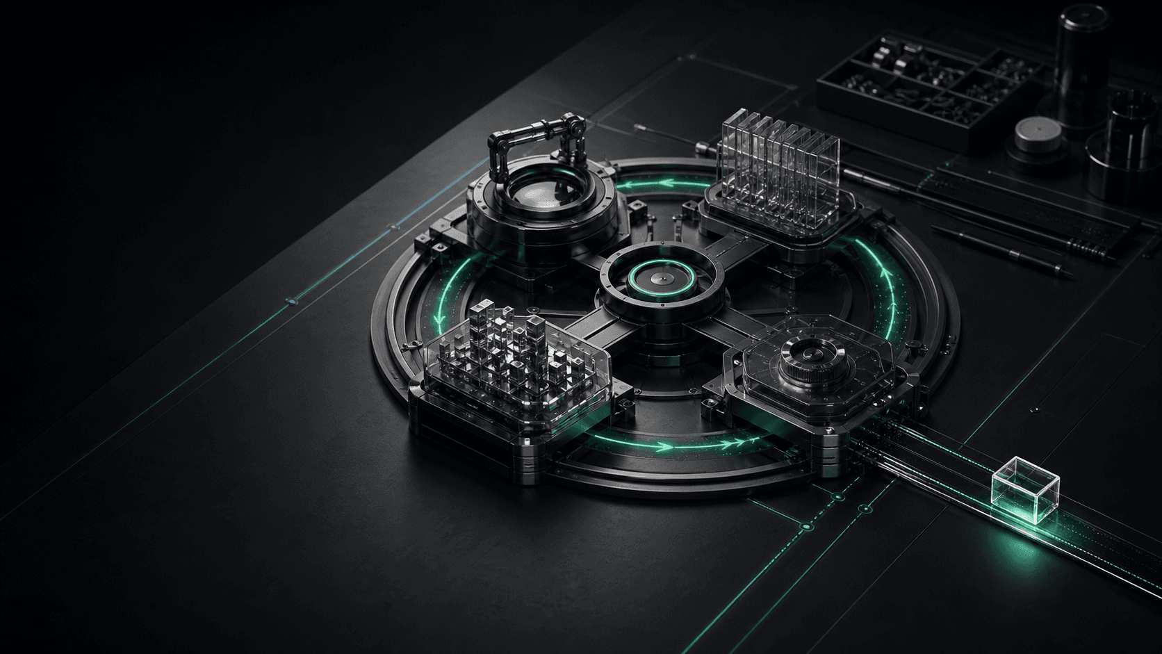 A compact feedback loop engine on a black workbench with emerald routing and cyan context lines.
