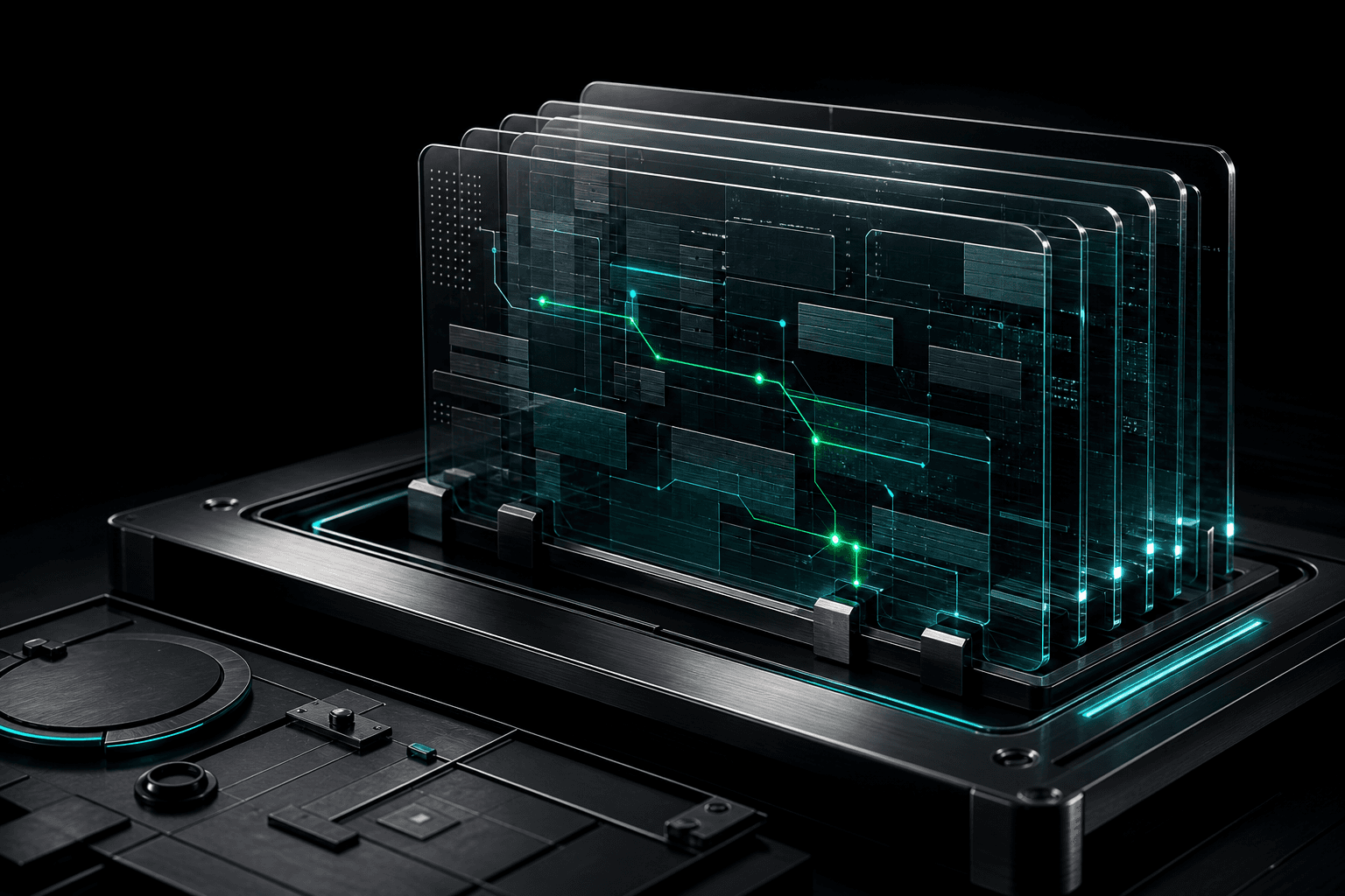 Layered glass memory plates with emerald and cyan context routing.