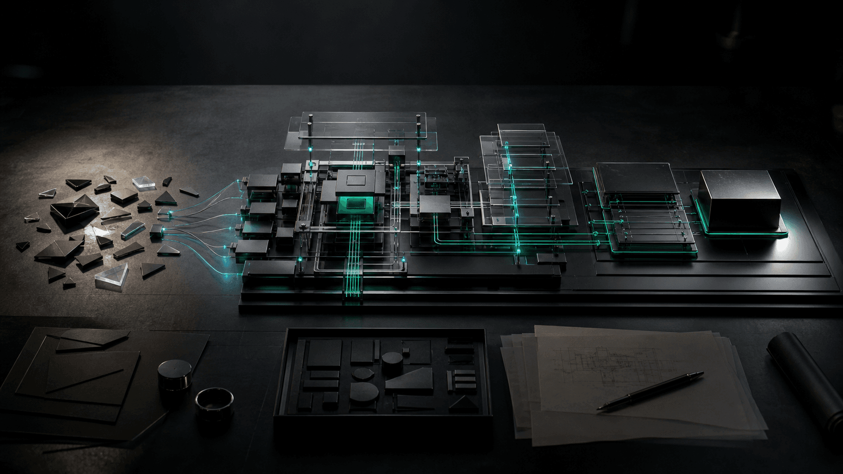 A black-glass architecture model routing input fragments into a resolved system object.