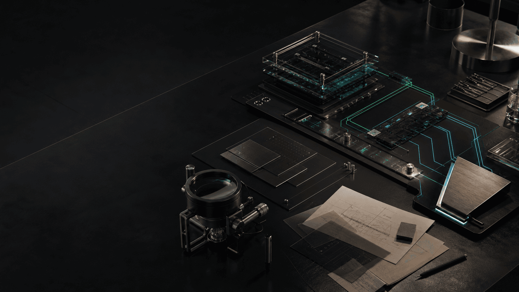 A dark cognitive workbench with memory plates, attention lens, and emerald-cyan signal routes.