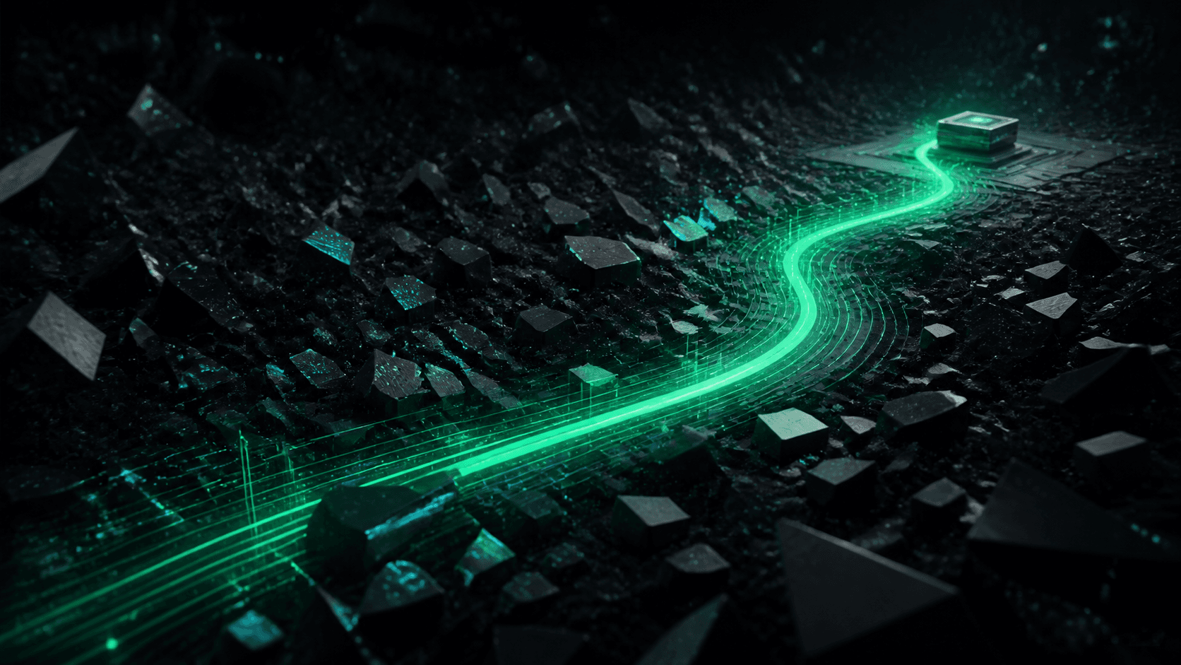 A dark signal field with a clear emerald route through scattered graphite fragments.