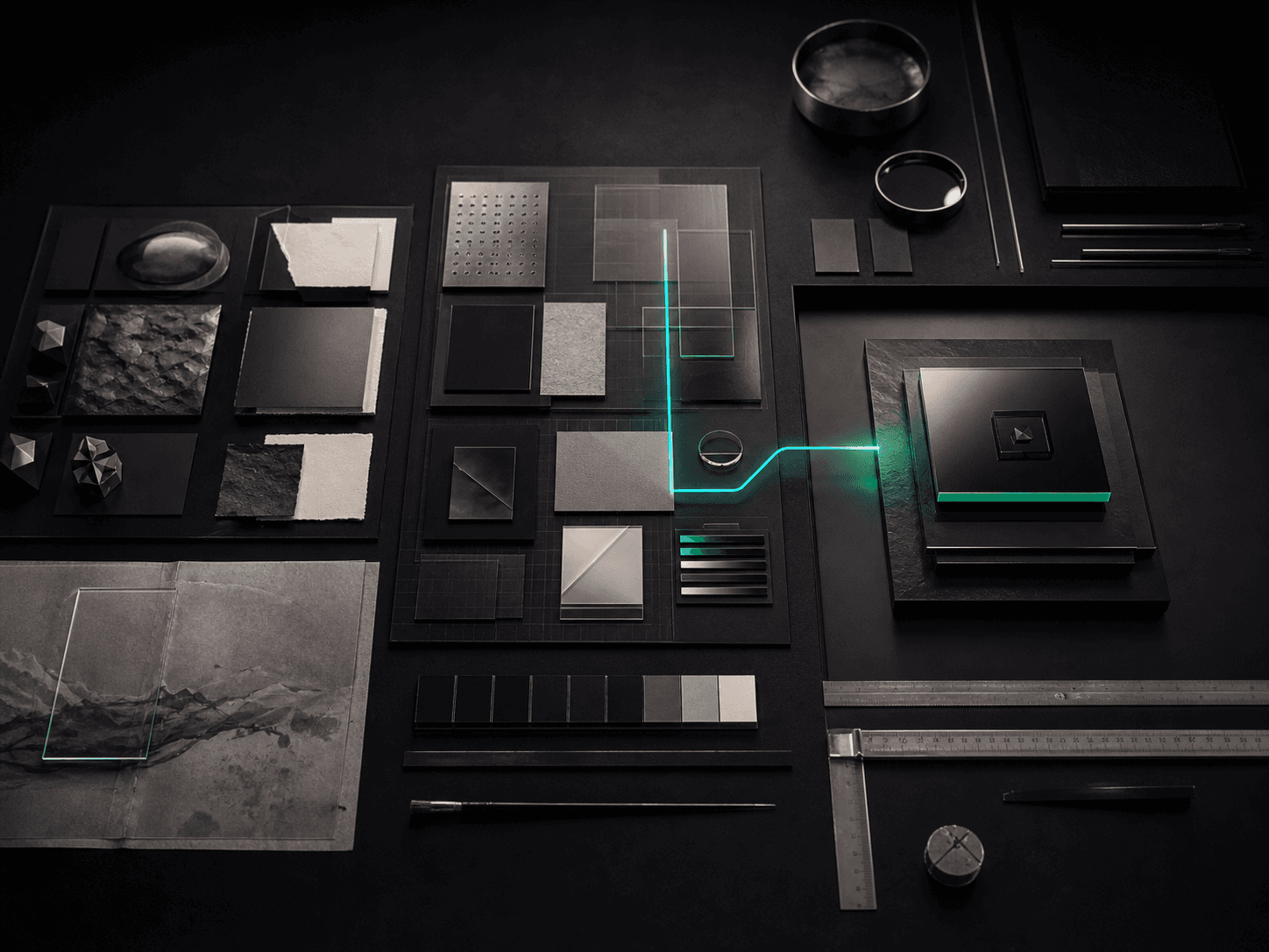 A dark calibration table with materials, references, and one selected route.