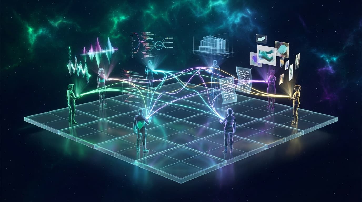 Holographic builders connected by light streams on a glass platform — a collaborative network of creators