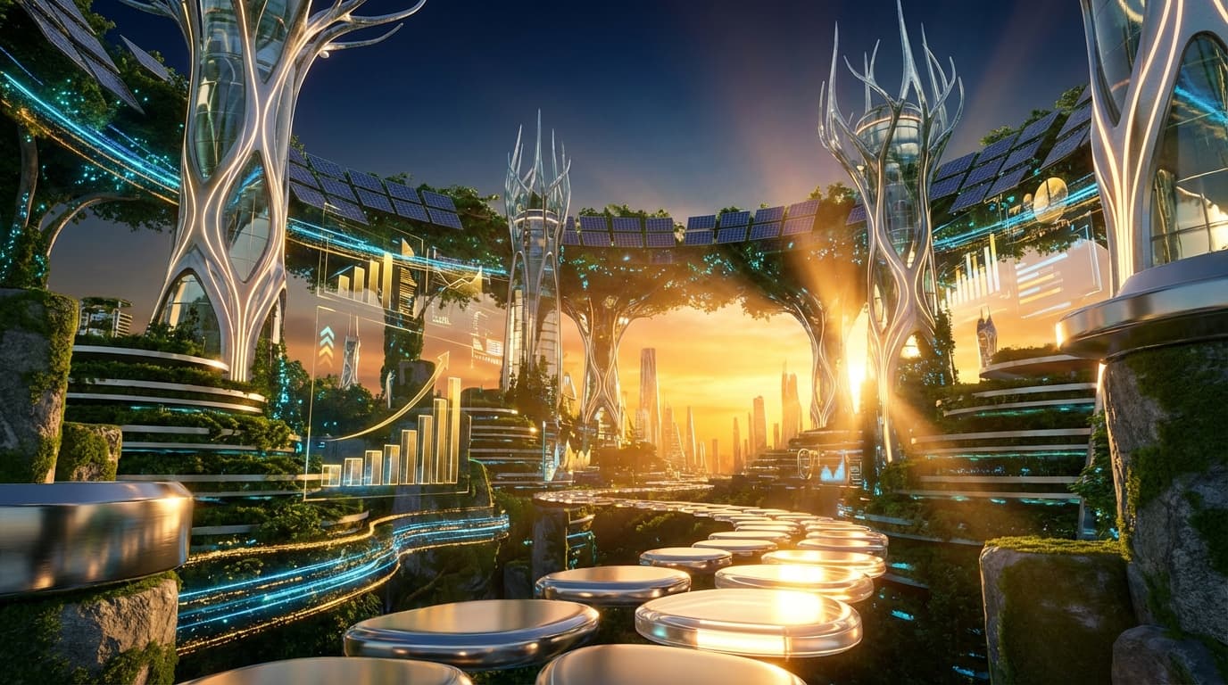 Crystal towers growing from the earth toward a golden horizon — technology and nature merging in the Golden Age