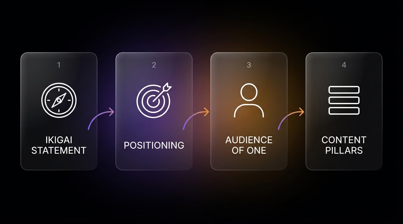 Four-step flow: Ikigai Statement → Positioning → Audience of One → Content Pillars, rendered as glass cards with gradient arrows.