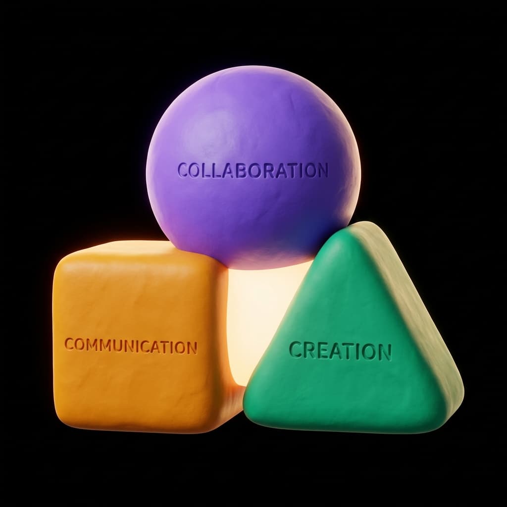 The 3Cs as three interlocking clay forms — a violet sphere (Collaboration), an amber cube (Communication), and an emerald prism (Creation) — fused at a warm glowing core.
