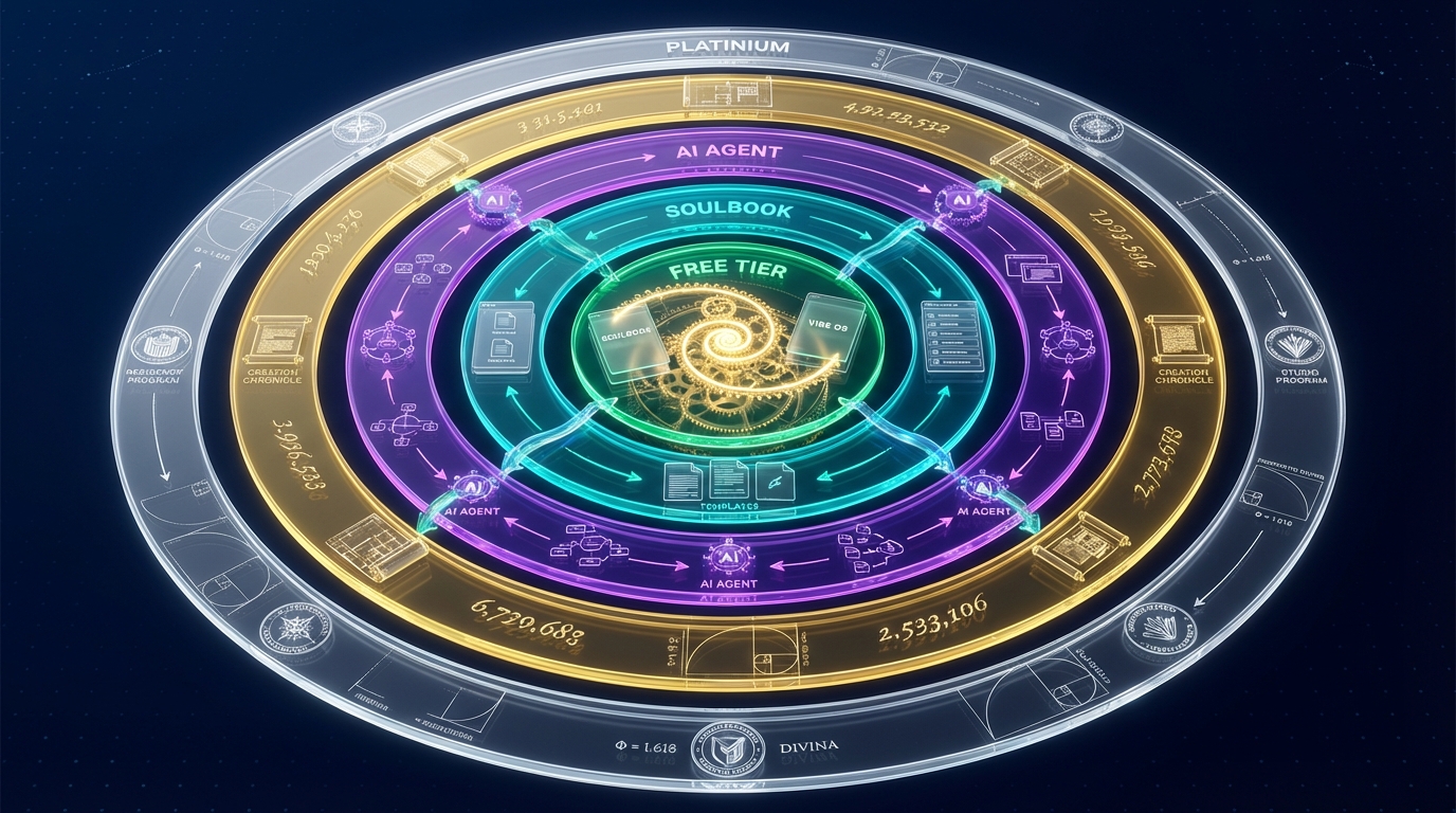 The value flow diagram — concentric rings from free tier at center to premium programs at the outer edge, connected by golden ratio spirals